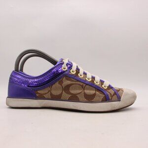 Coach Zorra Purple Sequin Women's Size 8 B Shoes Brown Logo Print Sneakers